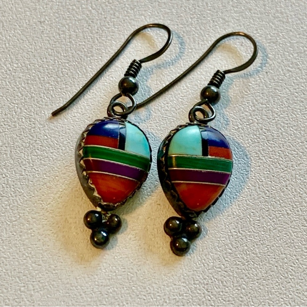 Vintage Signed Sterling Southwestern Inlay Earrings with Turquoise, Lapis - Picture 3 of 7